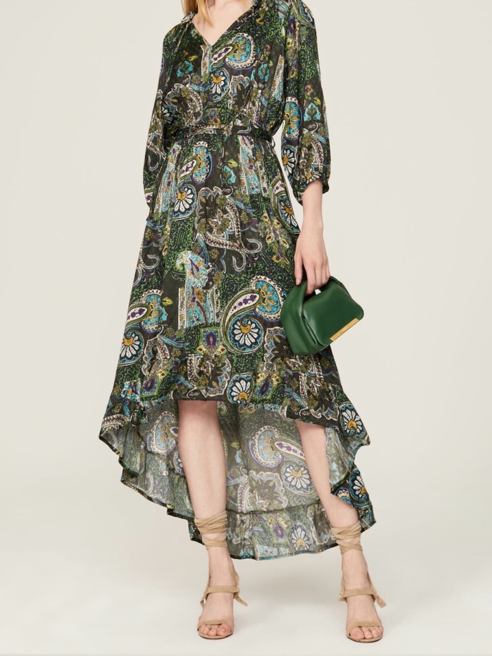Paisley-Print High-Low Midi Dress in Green